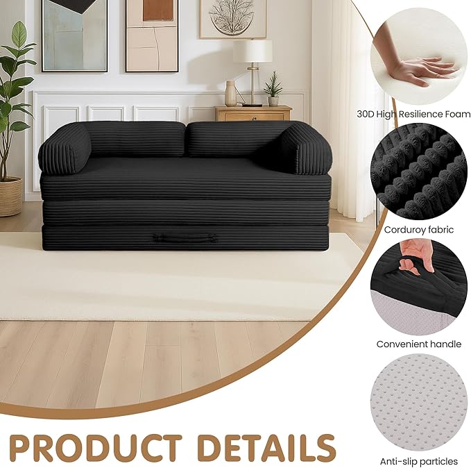 Convertible Sofa Bed King5-in-1 Folding Boneless Couch Corduroy Futon Sofa BedTri-Fold Mattress with Removable Armrests &amp HandleSleeper with Pull Out Bed for Small Space Living Room Bedroom