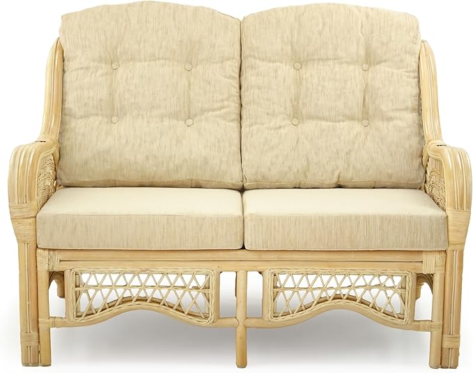 Wickerix Malibu Lounge Loveseat Natural Color Sofa Natural Rattan Wicker Handmade Design with Cream Cushions