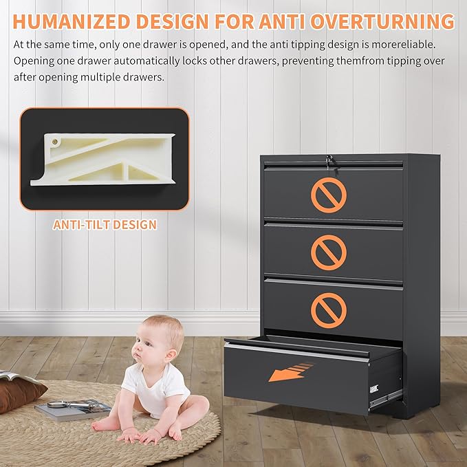 4 Drawer Small File Cabinet with Lock - Heavy-Duty Metal Filing Cabinet for Home Office Under Desk Locking Drawers Storage Cabinet OrganizerBlack