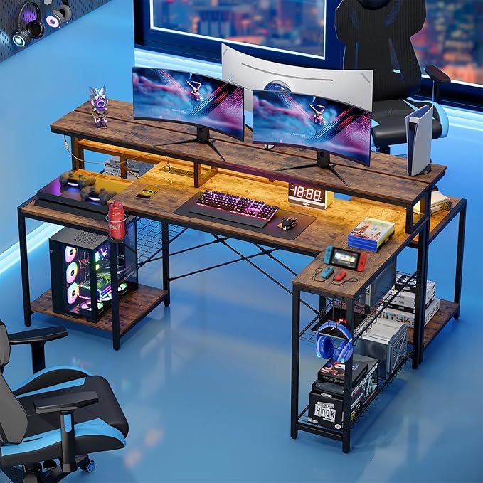 Bestier 71.5 inch Computer Desk with Power Outlets LED Large Home Office Desk with Monitor Stand L Shaped Corner Desk with Printer Stand Adjustable Shelf Cup Holder &amp Headset Hooks Brown