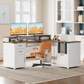 Farmhouse 69 Executive L Shaped Desk with Drawer Home Office Desk with Charging Station Corner Computer Desk with Monitor Stand File Drawer Storage Cabinet White and Walnut