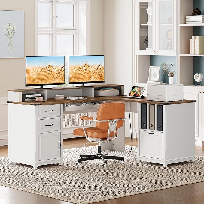 Farmhouse 69 Executive L Shaped Desk with Drawer Home Office Desk with Charging Station Corner Computer Desk with Monitor Stand File Drawer Storage Cabinet White and Walnut