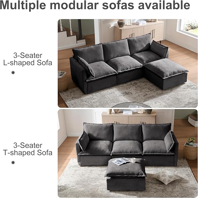 93 Inch L-Shaped Couch Sofa with Ottoman Modular Sectional Sofa with 4 Seats and Pillows for Living Room Modern Minimalist Chenille Fabric Large Comfy Cloud Furniture DIY Combintion (Gray-93inch)