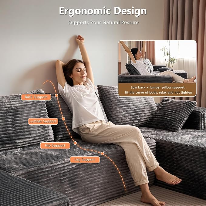 135 U-Shaped Cloud Sectional Couch Plush Corduroy Modular Sofa with Double Chaise No Assembly Deep Seat Boneless Sofa Set for Living Room (Gray U-Shape)