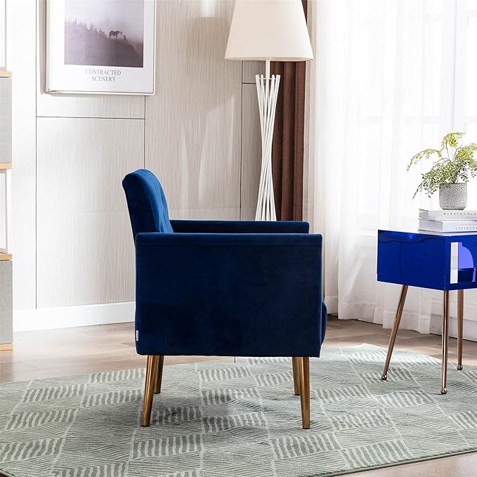 Modern Velvet Accent Chair Living Room Bedroom Leisure Single Sofa Chair (with Gold Metal feet) TV armrest seat Suitable for Small Space Home Office Coffee Chair (Blue)
