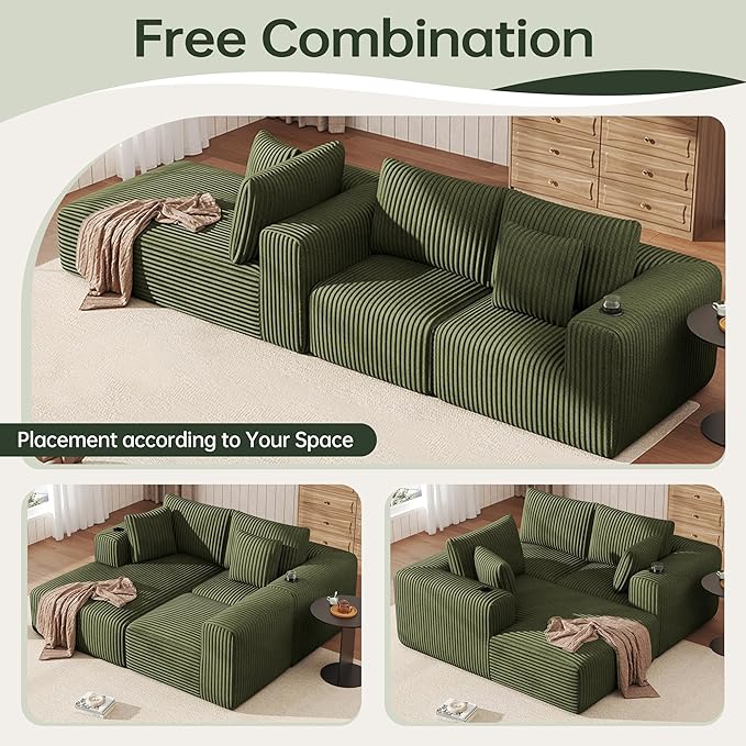 DURASPACE 108 Sectional Couch L Shaped Sofa Boneless Foam Cloud Couches with Chaise Fluffy Plush Corduroy Modular Couches for Living Room (Green Left Facing Chaise)
