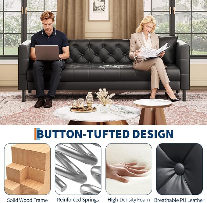 GarveeHome 78 Leather Couch for Living Room Button-Tufted 3 Seater Sofa with 2 Pillows and Deep Seat Modern Mid-Century Leather Sofa for Apartment Office
