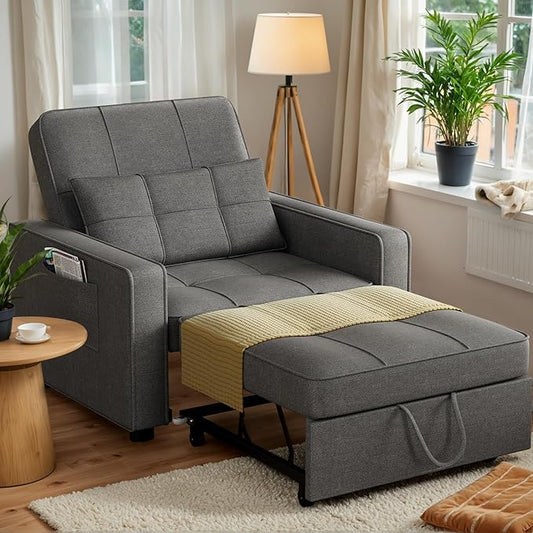 JUMMICO Sleeper Chair 3-in-1 Convertible Sleeper Sofa Bed for Adults Linen Fabric Pull Out Chair Bed with Adjustable Backrest Couches for Living Room Apartment Office Small Space (Dark Gray)