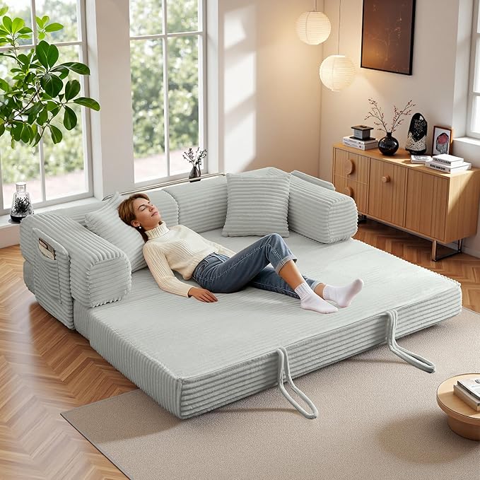 Boneless Couch Futon Sofa Bed Sectional Couches for Living RoomCloud Couch with Sleeper SofaSofas for Living Room Oversized Corduroy Upholstered (Light Grey 81 Inches (with Iron Frame))