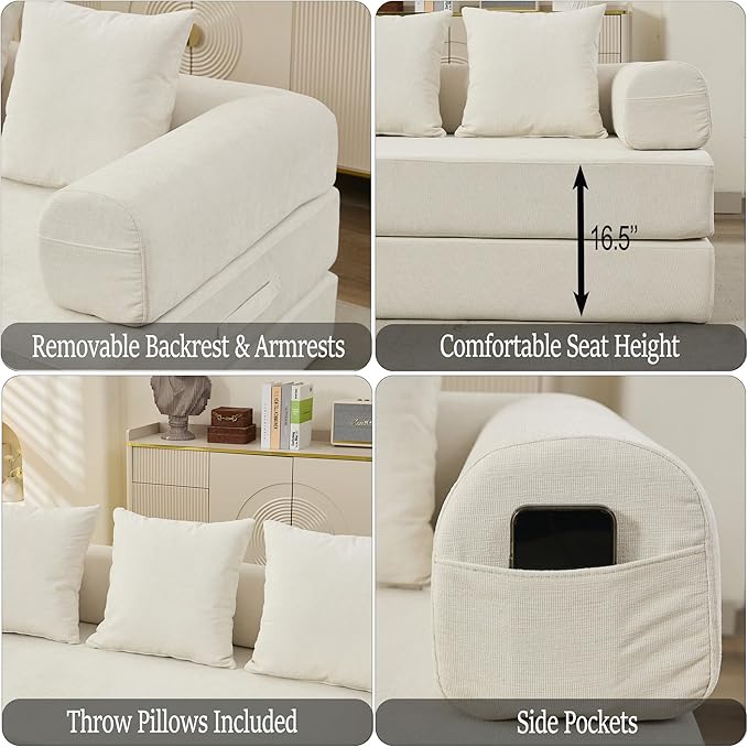 Convertible Folding Sofa Bed Modular Floor Couch 78.8‘’ Cloud Sleeper Sofa with Removable Backrest Chenille Foldable Mattress Couch Lazy Loveseat for Small Space Apartment Bedroom Beige