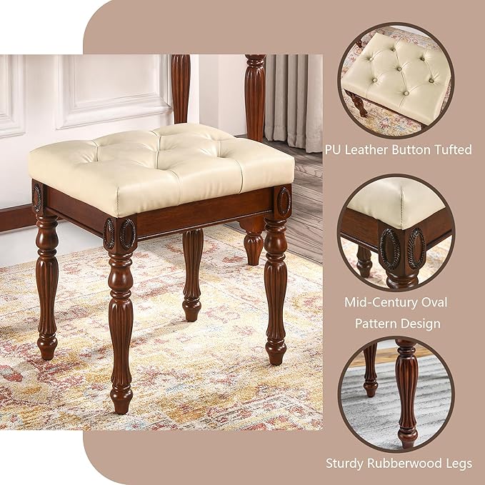 Makeup Vanity Desk Set with Flip Top Mirror 31.5 Wooden Vanity Table with Mirror Compact Dressing Table with 2 Drawers &amp 7 Compartments Writing Desk with Padded Stool for Bedroom Cherry+Beige