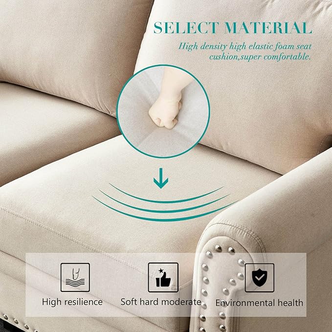 Lestar Fabric Sofa Couch 3 Seats Modern Upholstered Sofas 3 Seater Couches with Nails and Armrests (Beige)