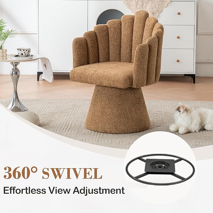 Swivel Accent Chair Modern 360° Barrel Chair with Shell-Shaped Back Tufted Vanity Armchairs for Living Room Bedroom Reading Room Camel