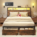 Lifezone Full Bed Frame with 2-Tier Storage Headboard Metal Bed Frame with Storage Drawers &amp Built-in Charging Station &amp LED Noise-Free No Box Spring Needed Easy Assembly Retro Brown