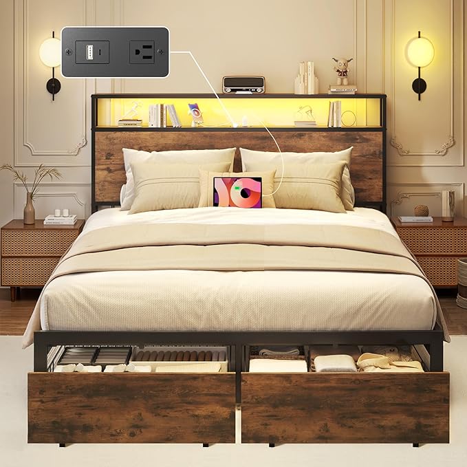 Lifezone Full Bed Frame with 2-Tier Storage Headboard Metal Bed Frame with Storage Drawers &amp Built-in Charging Station &amp LED Noise-Free No Box Spring Needed Easy Assembly Retro Brown