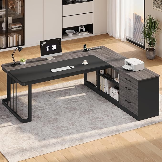 71 Executive Desk Large Office Desk with Drawers &amp Storage Shelves Modern L Shaped Computer Desk Corner Desk with Power Outlets File Cabinet Business Furniture Desk Workstation (Grey)