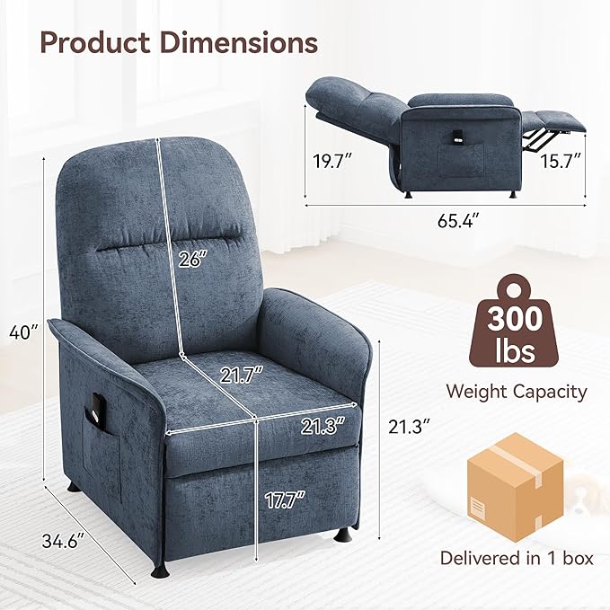 Power Recliner Chair for Adults Modern Reclining Single Sofa with Curved Armrest Comfy Ergonomics Electric Recliner with Side Pockets Adjustable Reading Chair for Living Room Bedroom Chenille Blue