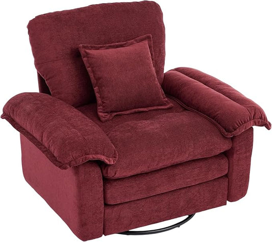 360° Swivel Accent Chair Oversized Plush Modern Chenille Armchair with Padded Seat &amp Back Comfy Spinning Chair for Living Room Bedroom Office (Red)
