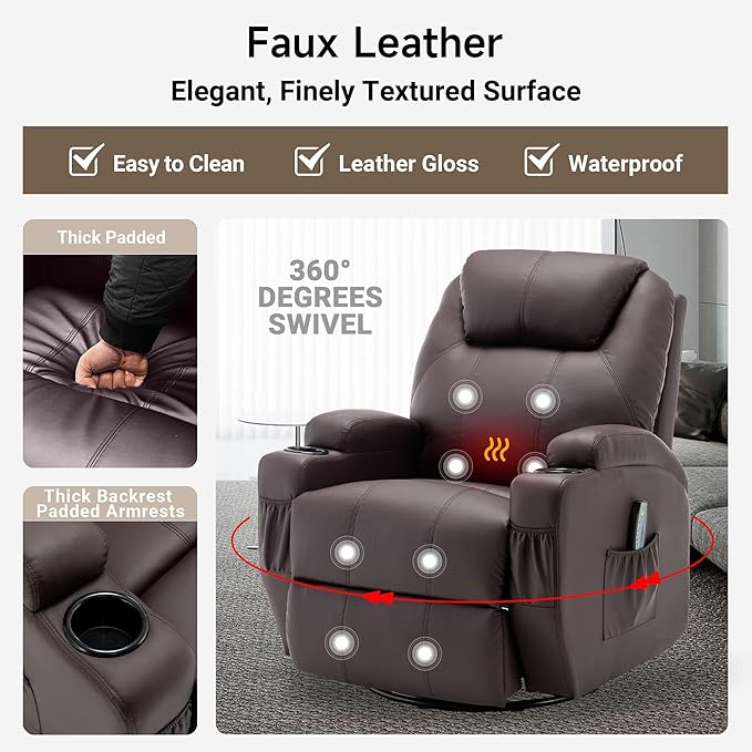 Recliner Chair Rocker Recliner Chair with Massage and Heat Manual Recliner Chairs for Adults 360° Swivel Rocker Recliner with Remote Control and Cup Holder for Living Room Nursery