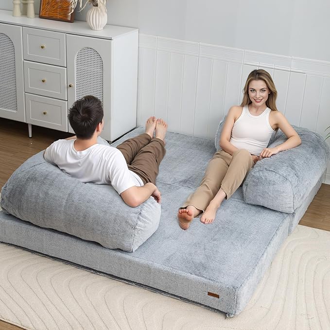 COMAX Folding Sofa Bed Queen Foldable Couch Bed Fold Out Futon Chair Sleeper for Adults Convertible Floor Mattress Sofa for Bedrooom Living Room Snow Light Grey