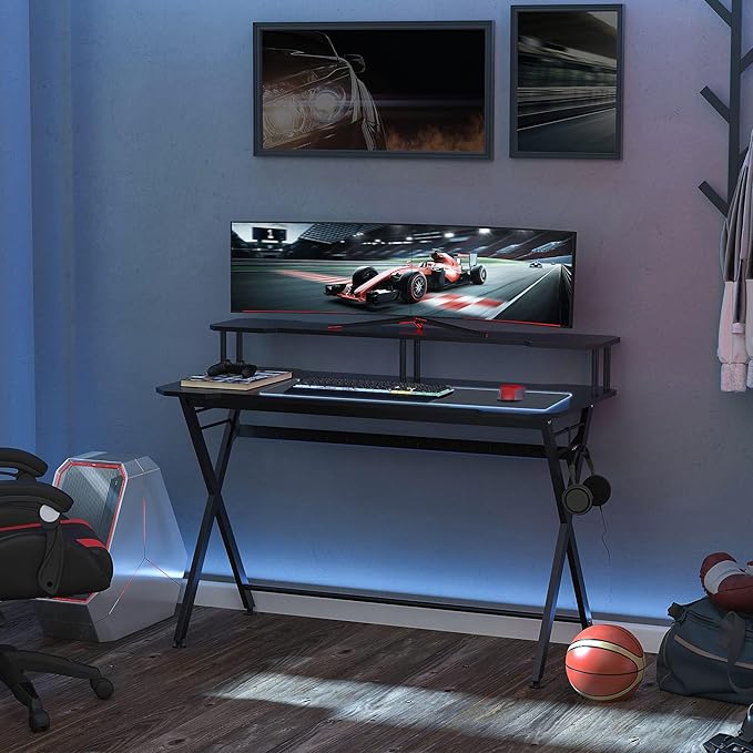 HOMCOM 55 inch Gaming Desk Racing Style Computer Office PC Gamer Workstation with Elevated Monitor Stand Headphone Hook Black