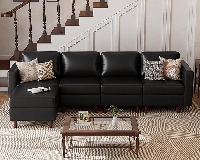 ABCASA Faux Leather Modular Sectional Sofa 118.5 L Shaped Couch Set for Living Room 5-Seater Comfy Cloud Couches with Movable Storage OttomanDIY Combination - Black