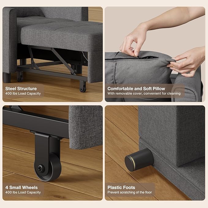 Aiho Sleeper Sofa Chair with Bed 3-in-1 Convertible Sofa Bed in Modern Linen Fabric for Apartment Living Room Study Dark Gray