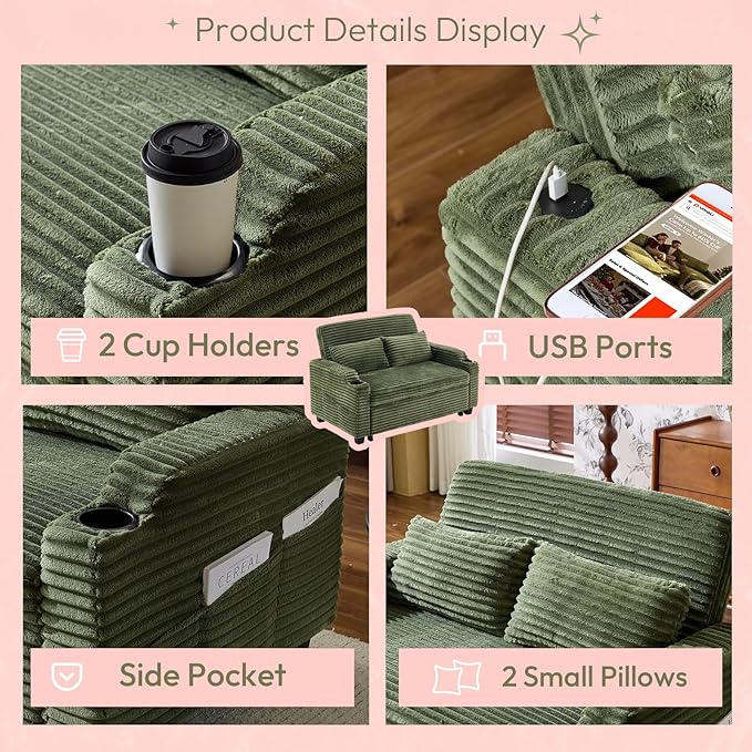 VINGLI Green Futon Sofa Bed Convertible Loveseat Sleeper Sofa Couch Corduroy Pullout Sofa Fold Out Couch Bed with USB Ports Cup Holders Armrest for Living Room Bedroom Apartment Room | Lveseat Sle