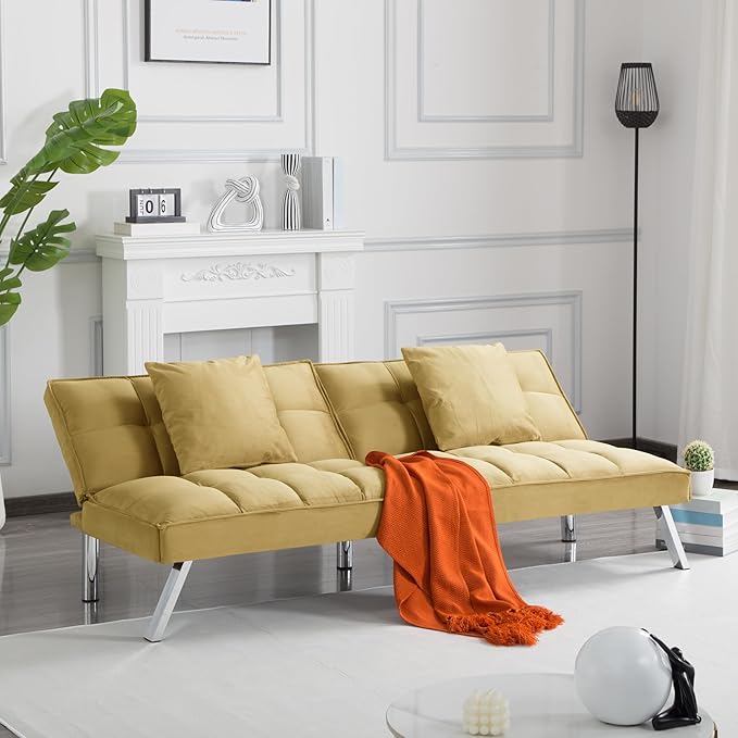68 Modern Futon Sofa BedConvertible Sleeper Bed Couch with 4 Reclining Backrest with 2 PillowsComfy Velvet Cloud Sofa Loveseat for Living Room Bedroom Office (Olive)