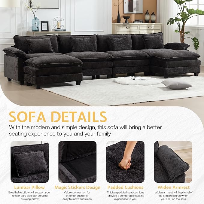 Modular Sectional Sofa Cloud Couch with Ottoman Deep Seat L Shaped Chenille Sofa Couches for Living Room Apartment (Black U-Shaped &amp 2 Ottoman)