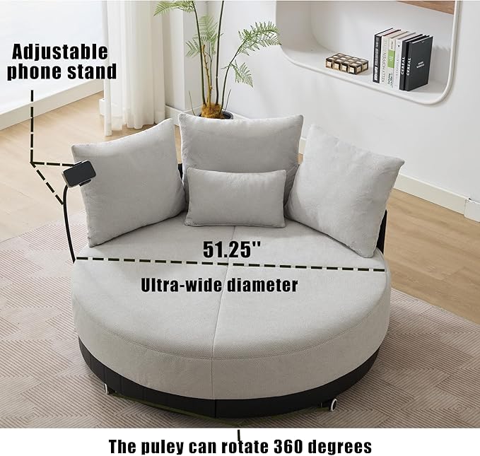 52.75'' Oversized Swivel Cuddle Chair 360° Swivel Round Sofa with Adjustable Phone Holder and 4 Pillows Gray Upholstered Round Loveseat with Rotating Pulley for Living Room Bedroom (Gray)