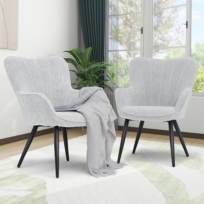 Athena Collection Accent Chair Set of 2 Modern Comfy Armchair Upholstered Vanity Chair with High Curved Back and Metal Leg Shell Shaped Single Sofa Reading Chair for Bedroom Living Room Lava Gray