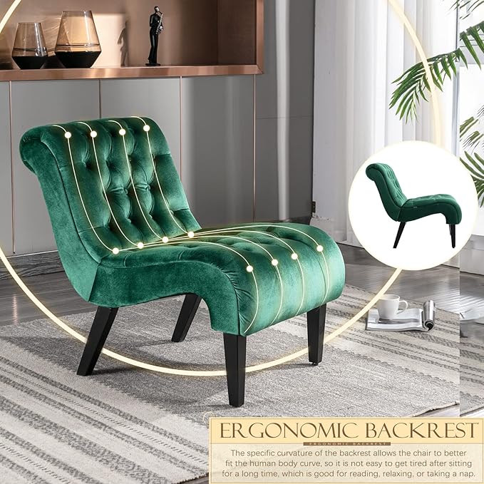 KINFFICT Velvet Accent Lounge Chair for Living Room Modern Leisure Chair with Tufted Backrest Indoor Armless Side Chair Upholstered Bedroom Sleeper Chairs with Solid Wood Legs