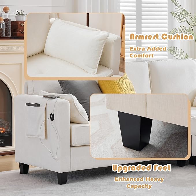 Small Sectional Couches with Storage 80 L Shaped Sectional Couch with Chaise &amp Ottoman Modular Corduroy Chenille Sofa with USB Ports&ampPocket for Living Room Apartment Office (Chenille White)