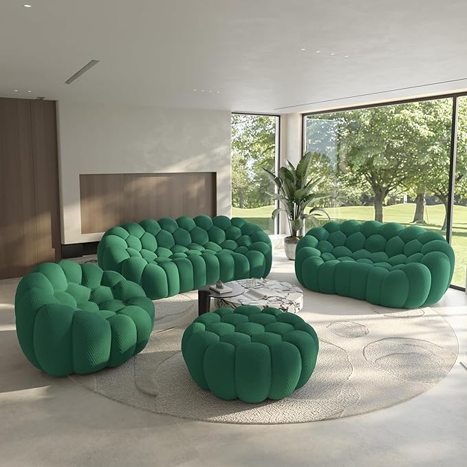 Bubble Couch for Living Room Bubble Sofa Curved Couch Set Comfy Upholstered Floor Sofa Mesh Fabric 3D Honeycomb Shape Modern Couches for Living Room Apartment (Green 98+78+49+41)