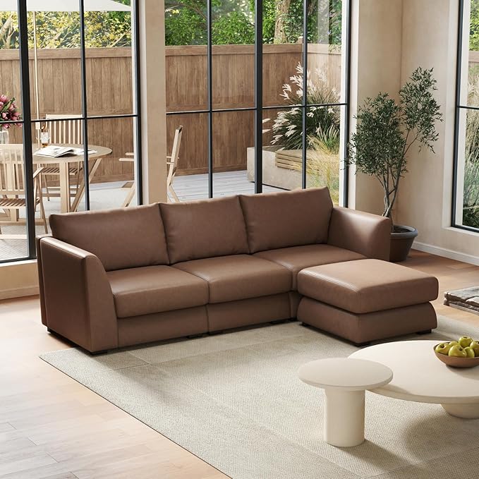 HEAH-YO 91 Inch Modular Sectional Sofa 3-Seater Sectional Couch with Movable Ottoman L Shaped Comfy Cloud Couch for Living Room PU Brown