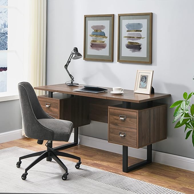 Computer Desk with 4 Drawers for Files Organization 59 Large Home Office Desk with Storage Shelves Industrial Study Writing Table Workstation for Home Office Study Room Dedroom Walnut