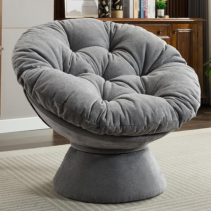 Modern Oversized Chenille Papasan Chair 360° Swivel Chair with Thick Cushion Comfortable Lounge Accent Chair for Living Room Bedroom Reading Nook (Dark Grey)