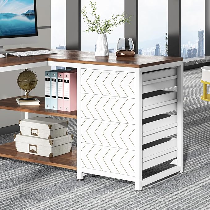 Tribesigns L Shaped Computer Desk with Storage Drawers 59 inch Corner Desk with Shelves Reversible L-Shaped Office Desk Study Writing Table Workstation for Home Office Walnut &amp White