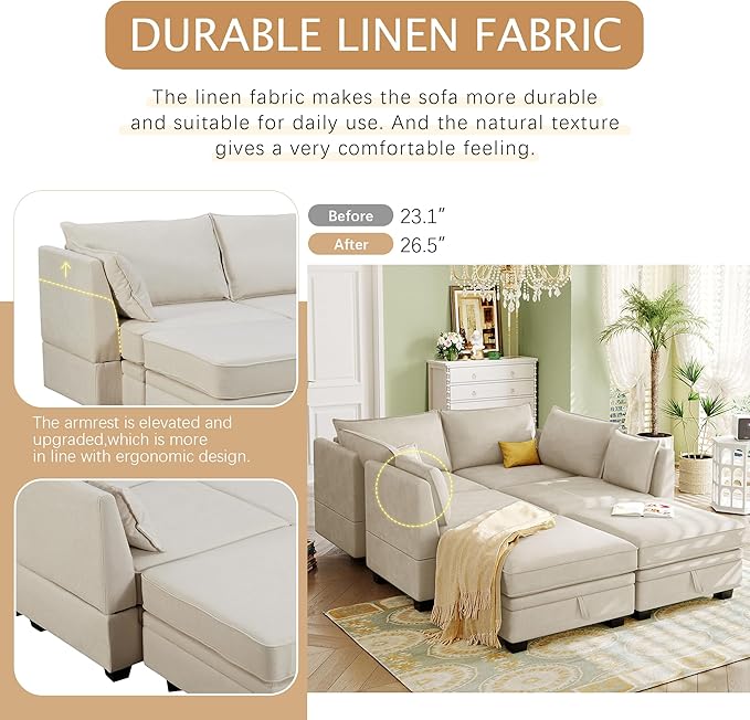 P PURLOVE Sectional Sofa Large Modular Sectional Sofa Convertible Couch with Reversible Chaise for Living Room with Plastic Legs (Beige)