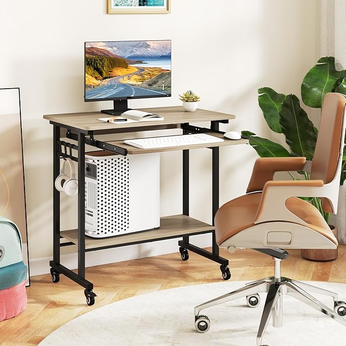 LDAILY Moccha Rolling Computer Desk Mobile Computer Desk with Keyboard Tray Portable Laptop PC Desk Open PC Stand 3 Earphone Hooks Wooden Computer Cart for Office Home (Grey Oak)