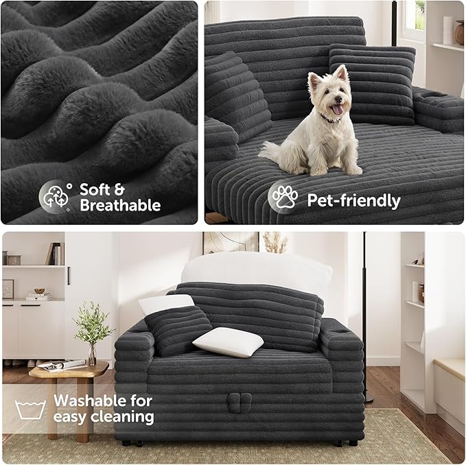 Plush Sofa 52” 3-in-1 Convertible Pull-Out Sofa Bed Sleeper Loveseat with Built-in Cup Holders Reclining Backrest Pet-Friendly for Small Space - Grey