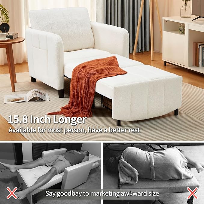 Sleeper Chair 84 Extra Long Convertible Chair Bed Upgraded 3-in-1 to 4-in-1 Pull Out Chair &amp Single Sofa Bed for Adult Sleeping Chair for Living Room &amp Small Space (White)