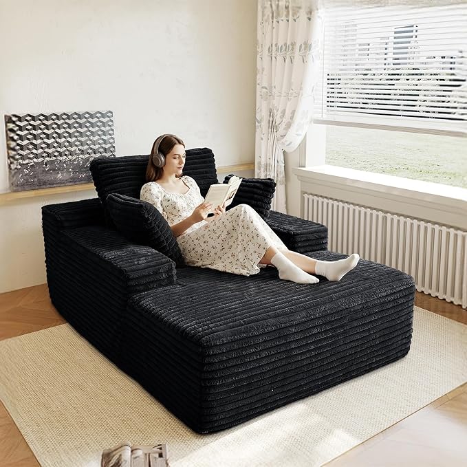 67 Square Chaise Lounge Single Floor SofaOversized Upholstered Boneless Corduroy Couch Deep Seat Sleeper Sofa Bed No Assembly Required Couches for ApartmentBlack