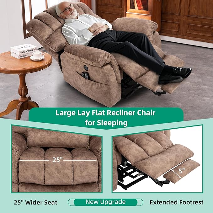 VIVIJASON Tall Man Large Dual Motor Power Lift Recliner Chair with Extended Footrest Overstuffed Lay Flat Sleeper Electric Recliner W/Heat &amp Massage Lumbar Pillow USB &amp Type-C Ports Plush