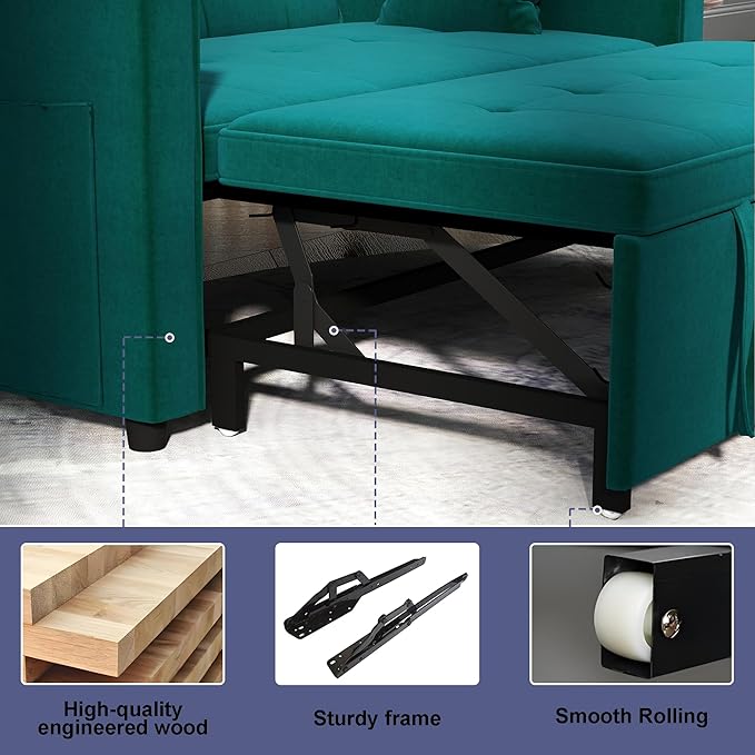 Loveseat Sleeper Sofa Bed Couch: Queen Sleeper Chair Pull Out Bed for Living Room Green Velvet Couch Beds for Small Spaces 3 in 1 Convertible Sofa with Armrests