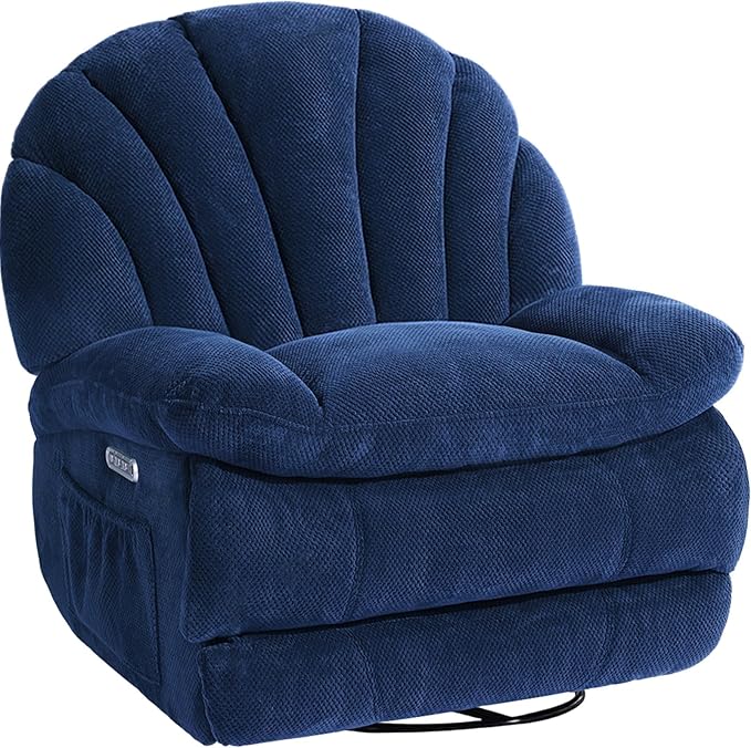 EONIX Dual Motor Power Swivel Rocker Recliner Chair for Living Room Power Adjustable Backrest and Extended Footrest USB Charging Ports Shell Shape Recliner Chair SXXY004021 Navy Blue