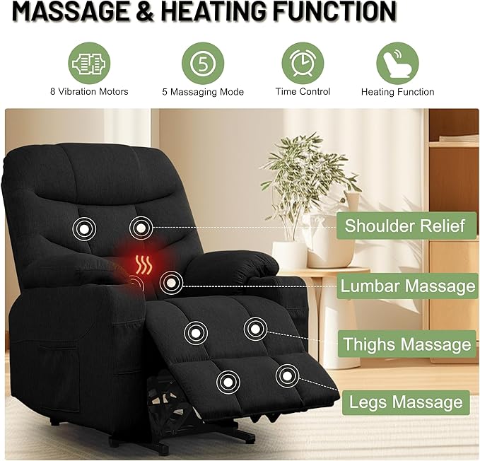 Power Recliner Chair with Massage and Heating Electric Recliner Chair for Elderly and Adults Power Lift Recliner with Remote Control and Cup Holders for Living Room Linen Fabric Black