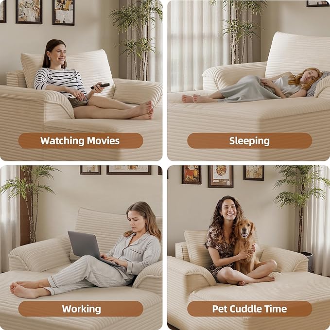 68 Overized Boneless Chaise Lounge Chair IndoorDeep Seat Sleeper Sofa Cloud Couch with PillowComfy Corduroy Boneless Cloud Seat for Living Room Apartment Office(Khaki Oversized Chaise Lounge)