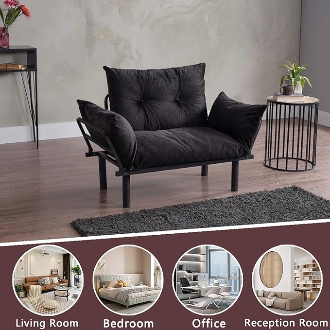 49 Mini Couch with Mattress Included Small Loveseat Sofa Chair for Small Space Oversized Accent Chair and a Half Metal Frame (Black)